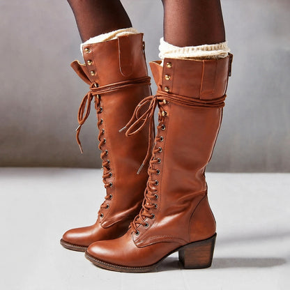 Selena | Women's Tall Leather Combat Boots Lace Up Knee High