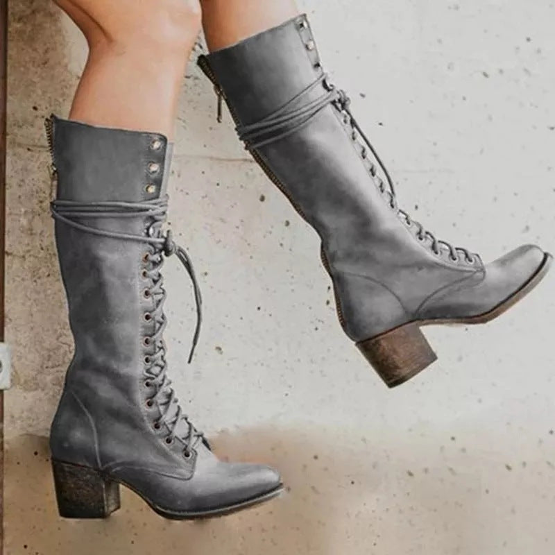 Selena | Women's Tall Leather Combat Boots Lace Up Knee High