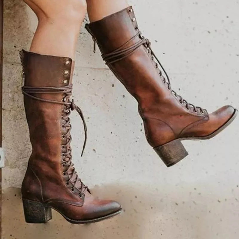 Selena | Women's Tall Leather Combat Boots Lace Up Knee High