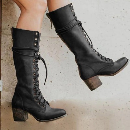 Selena | Women's Tall Leather Combat Boots Lace Up Knee High