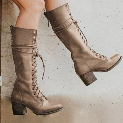 Selena | Women's Tall Leather Combat Boots Lace Up Knee High