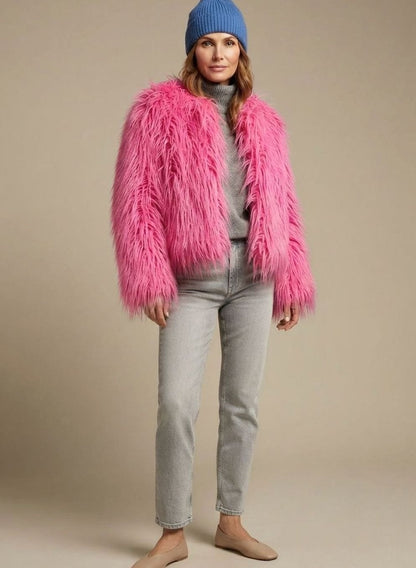 Nina | Women's Cropped Shaggy Faux Fur Coat Long Pile Fluffy Jacket