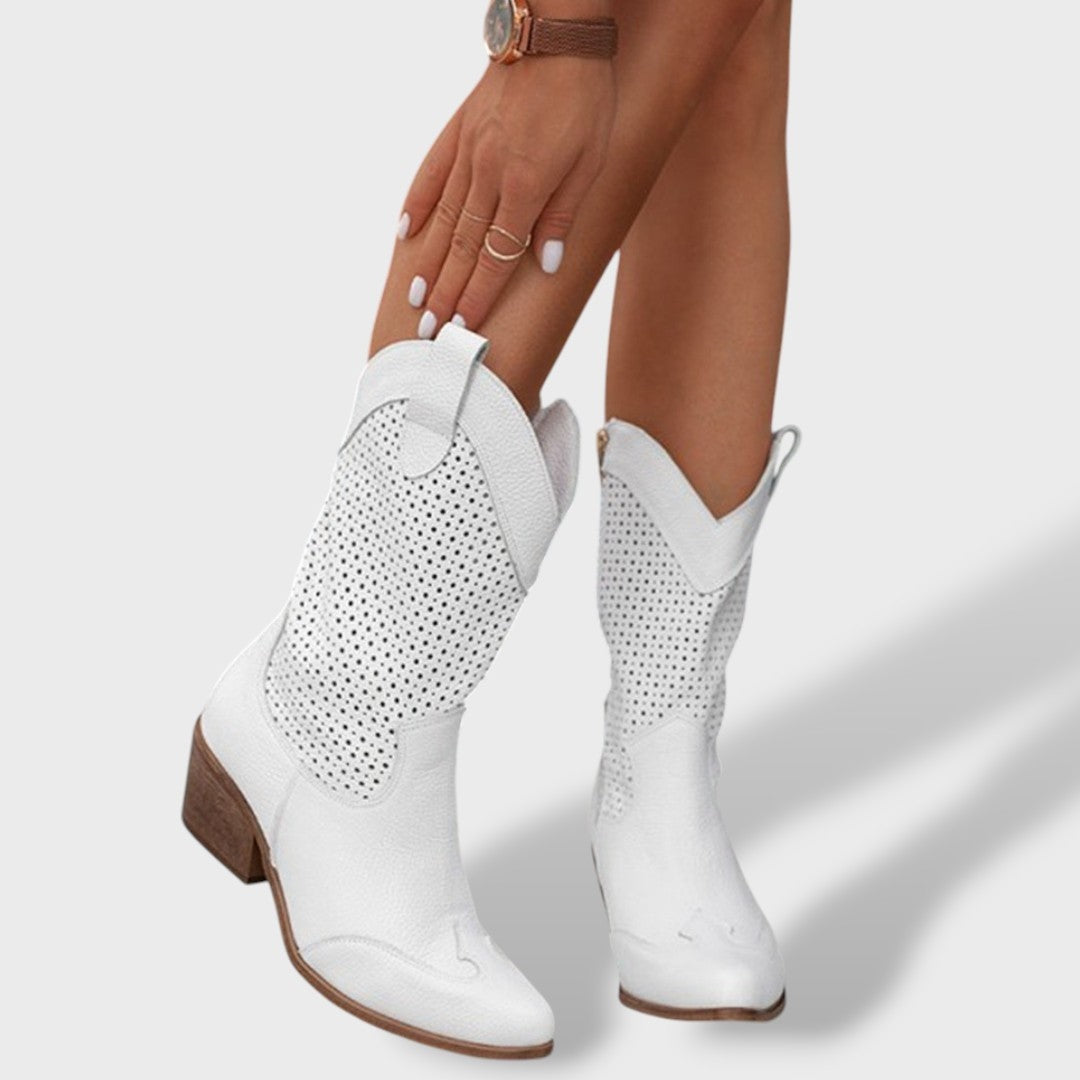 Fátima | Botas Cowboy Mulher Cano Médio Perfuradas Tacão Bloco