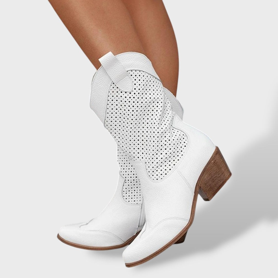 Fátima | Botas Cowboy Mulher Cano Médio Perfuradas Tacão Bloco