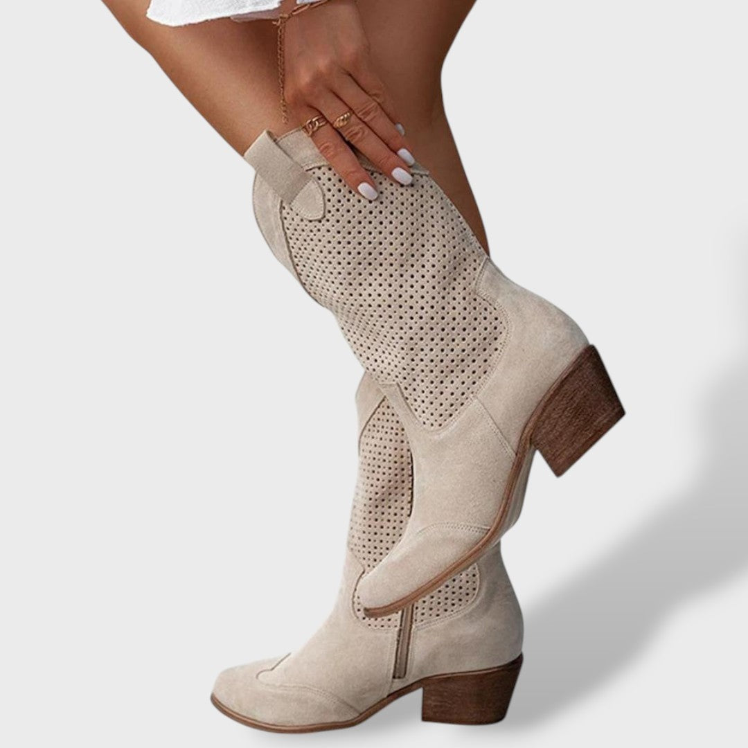 Fátima | Botas Cowboy Mulher Cano Médio Perfuradas Tacão Bloco