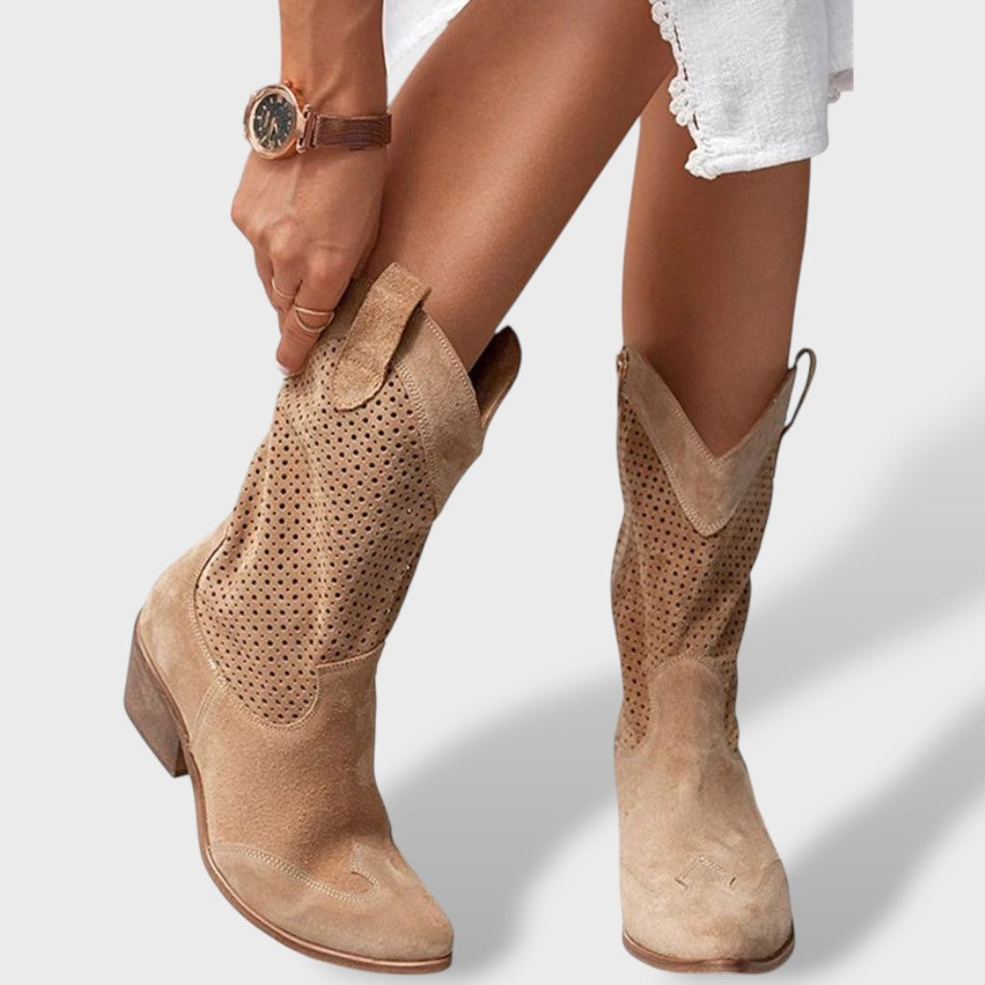 Fátima | Botas Cowboy Mulher Cano Médio Perfuradas Tacão Bloco