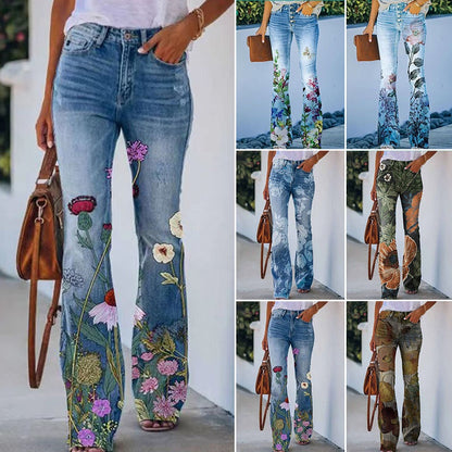 Francisca | Jeans Flare Estampado Floral Mulher Cintura Alta