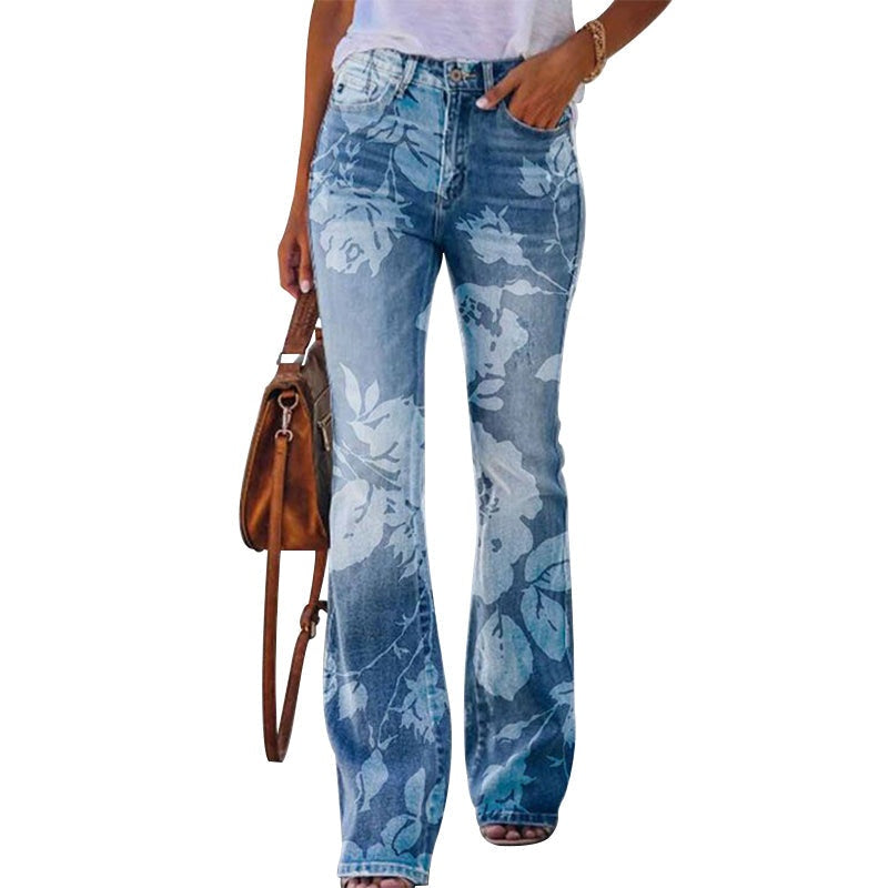 Francisca | Jeans Flare Estampado Floral Mulher Cintura Alta
