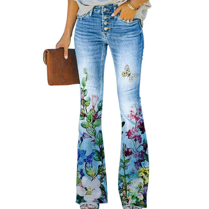 Francisca | Jeans Flare Estampado Floral Mulher Cintura Alta