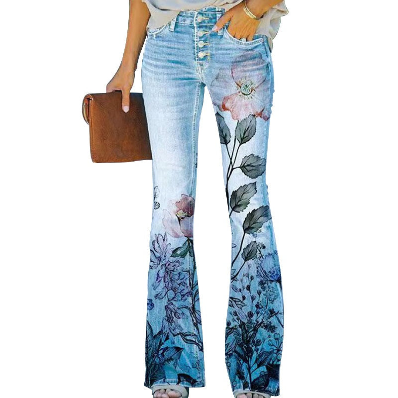 Francisca | Jeans Flare Estampado Floral Mulher Cintura Alta