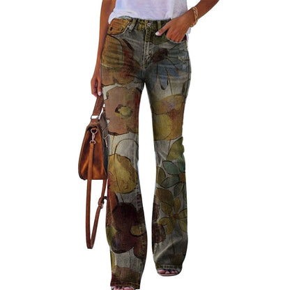 Francisca | Jeans Flare Estampado Floral Mulher Cintura Alta