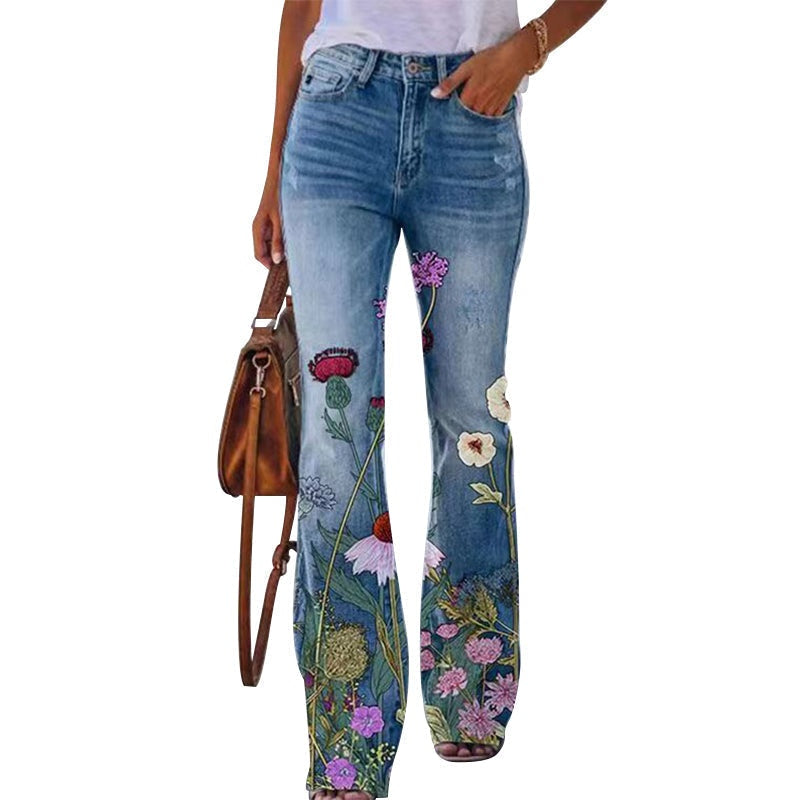 Francisca | Jeans Flare Estampado Floral Mulher Cintura Alta