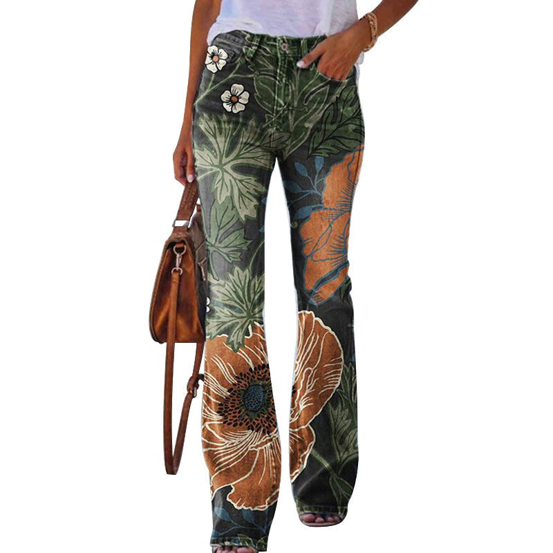 Francisca | Jeans Flare Estampado Floral Mulher Cintura Alta