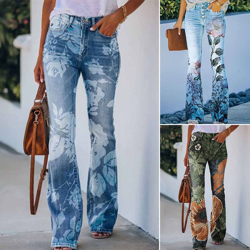 Francisca | Jeans Flare Estampado Floral Mulher Cintura Alta