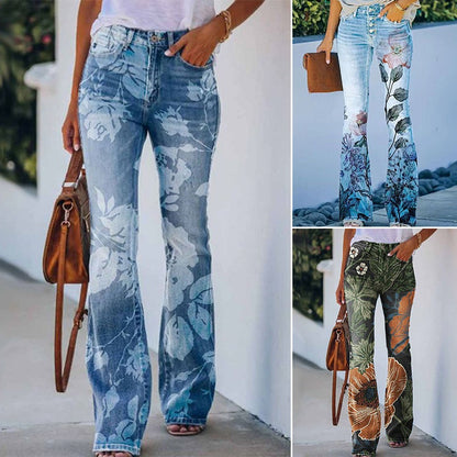 Francisca | Jeans Flare Estampado Floral Mulher Cintura Alta
