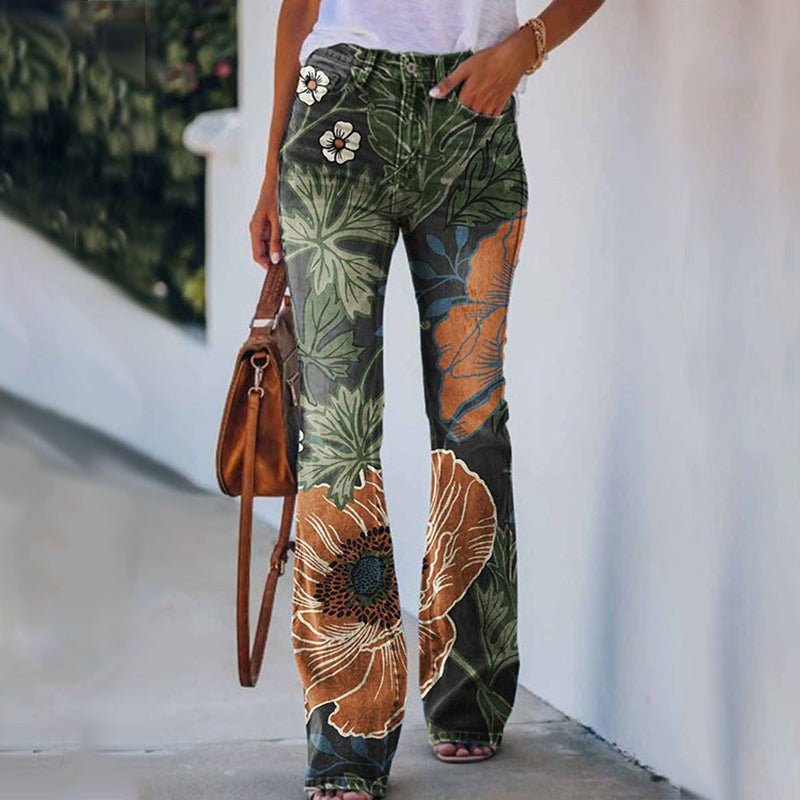 Francisca | Jeans Flare Estampado Floral Mulher Cintura Alta