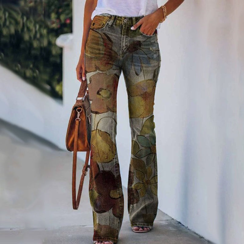 Francisca | Jeans Flare Estampado Floral Mulher Cintura Alta
