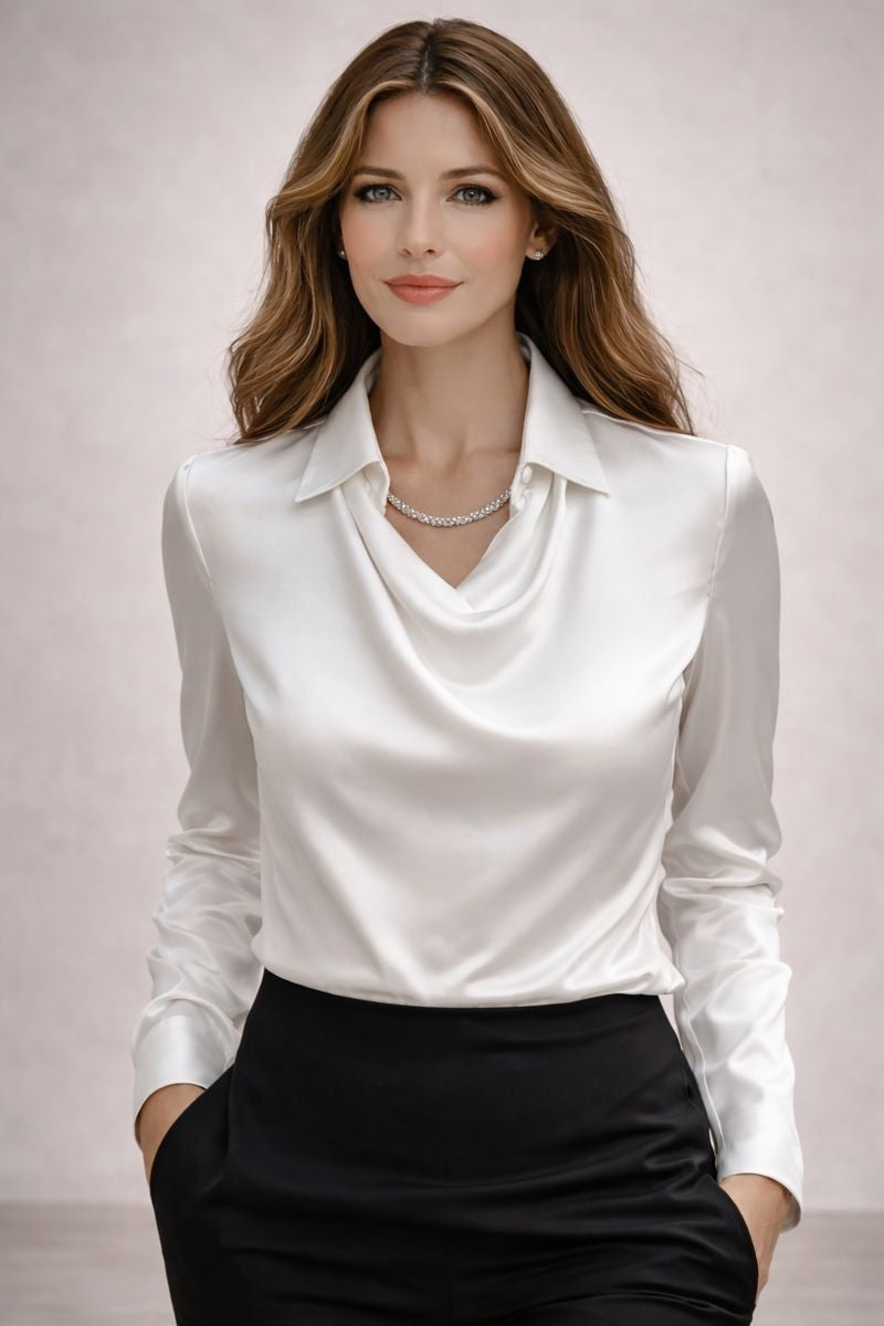 Genevieve | Women's Long Sleeve Satin Blouse with Draped Collar