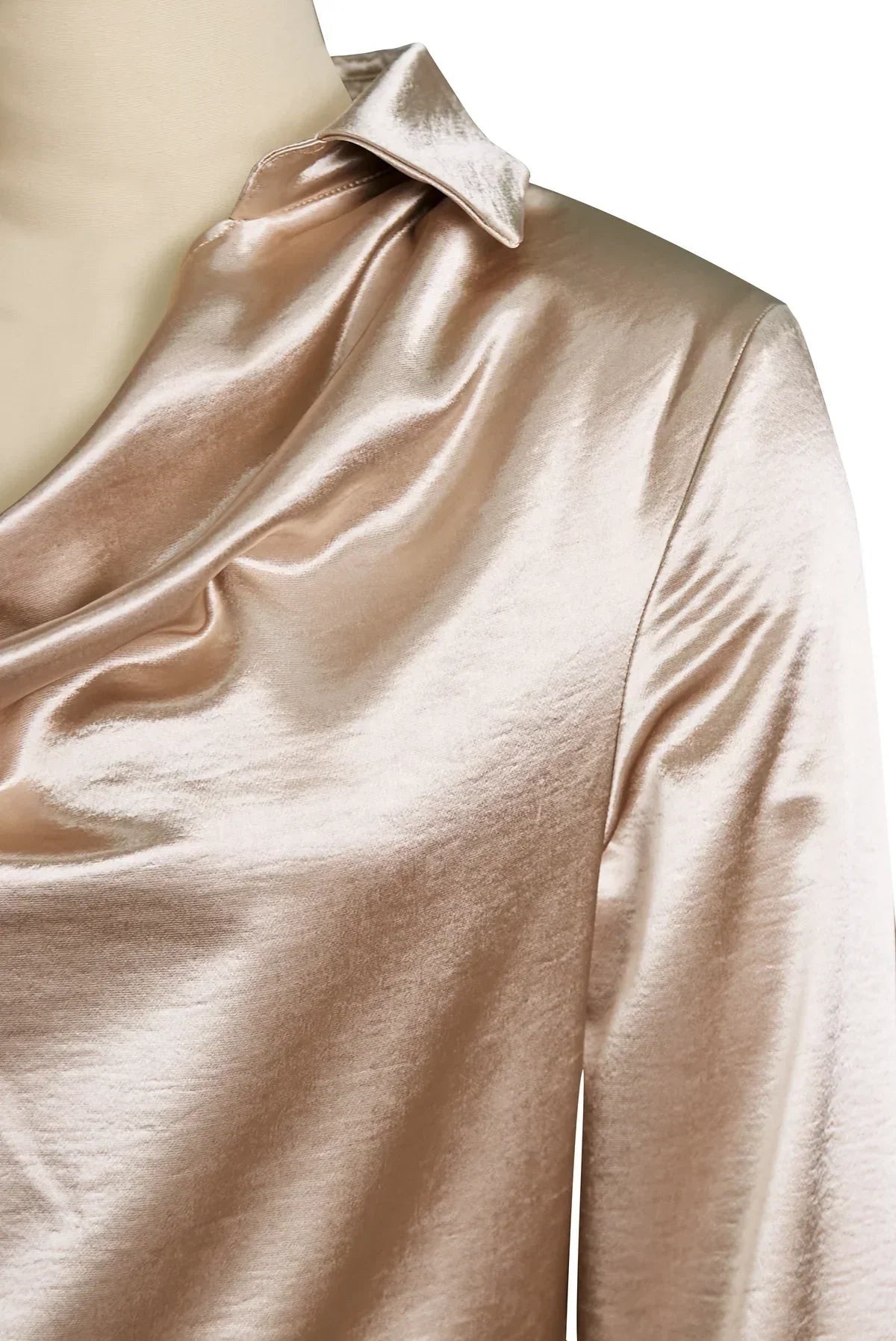 Genevieve | Women's Long Sleeve Satin Blouse with Draped Collar