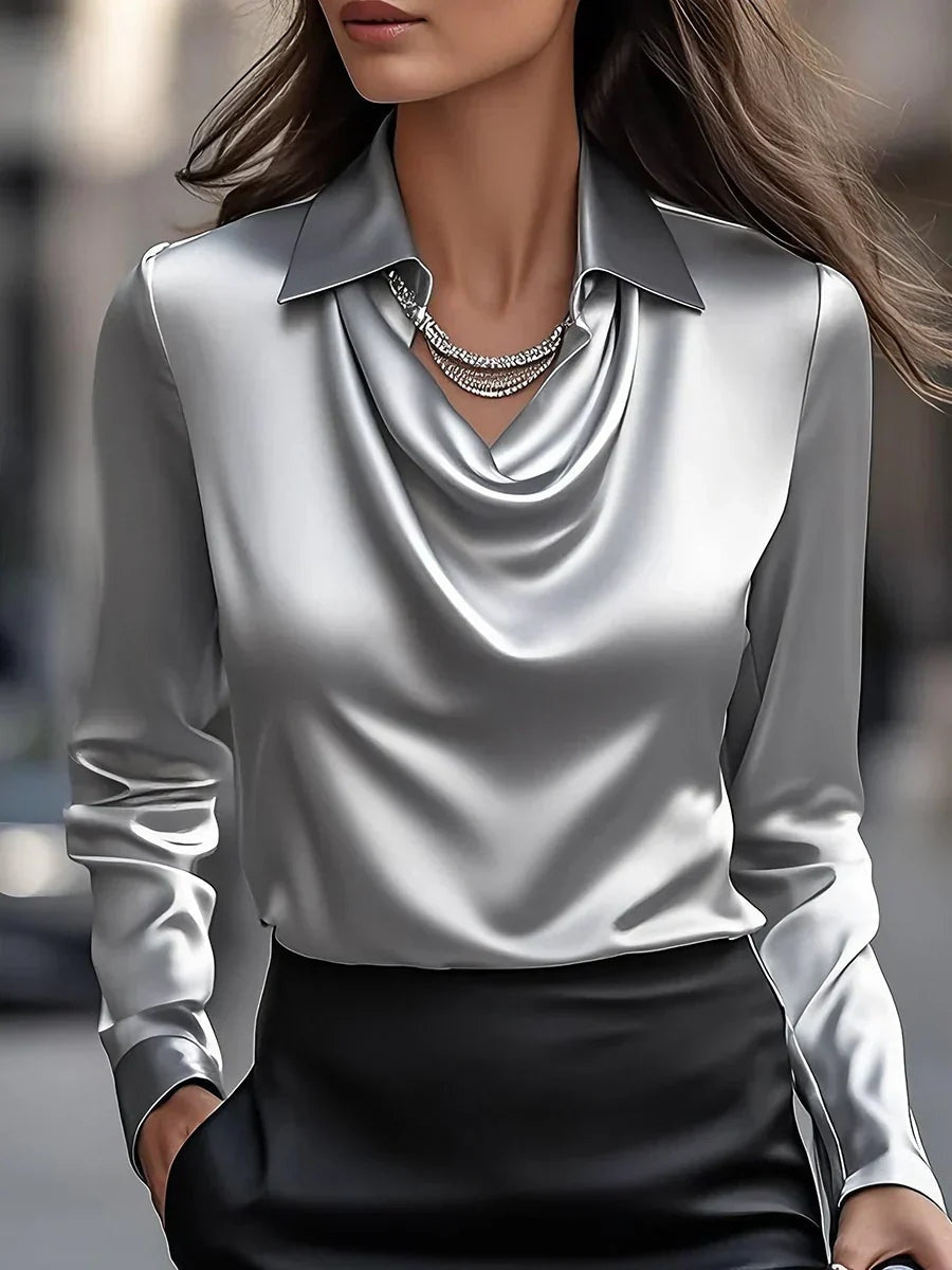 Genevieve | Women's Long Sleeve Satin Blouse with Draped Collar