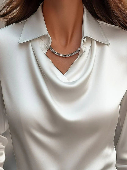 Genevieve | Women's Long Sleeve Satin Blouse with Draped Collar