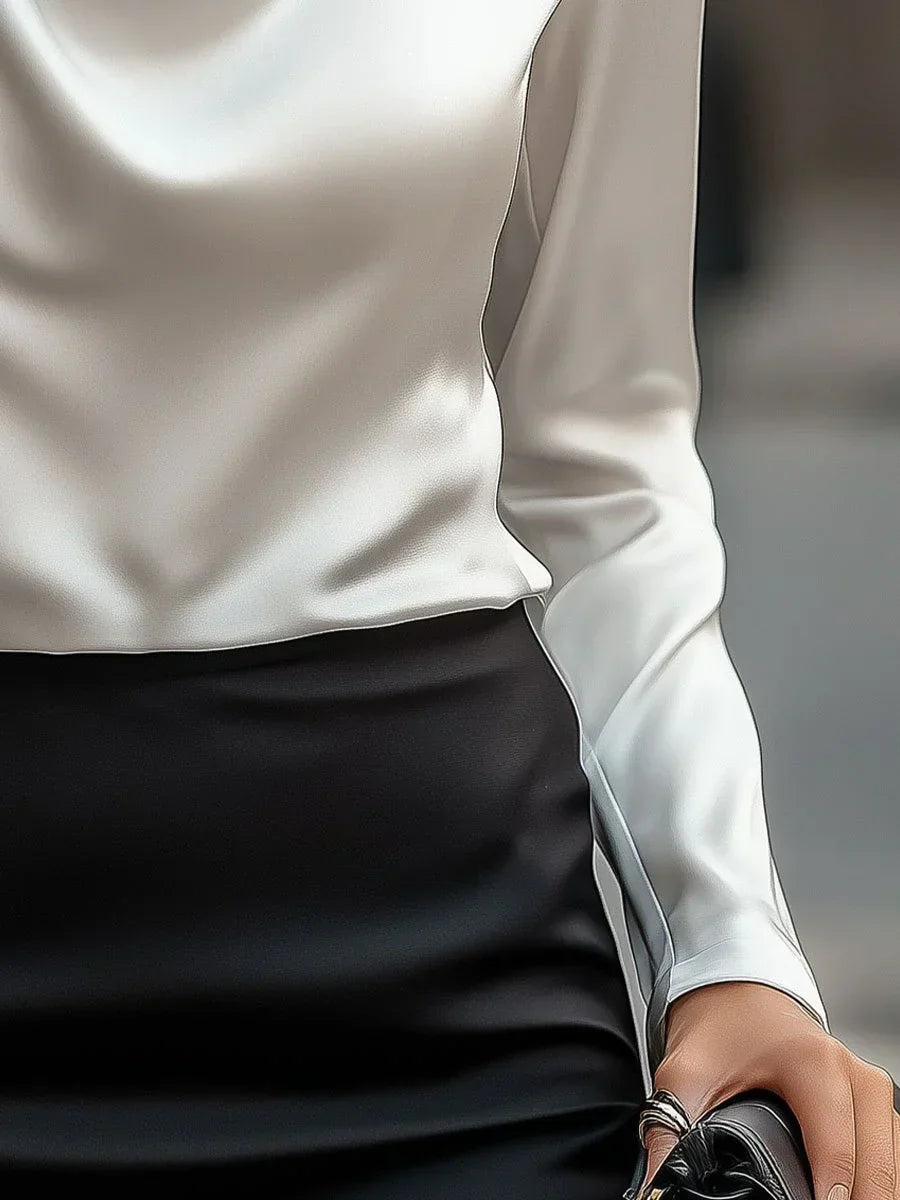 Genevieve | Women's Long Sleeve Satin Blouse with Draped Collar