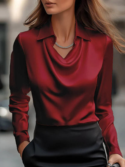 Genevieve | Women's Long Sleeve Satin Blouse with Draped Collar