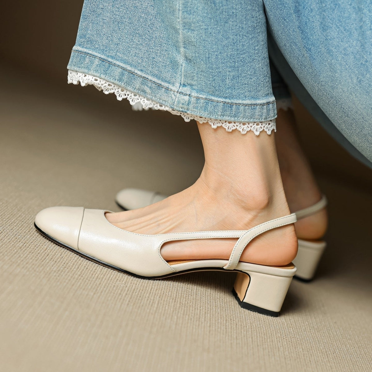Helena | Sapatos Slingback de Couro Mulher Salto Bloco