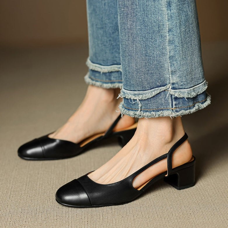Helena | Sapatos Slingback de Couro Mulher Salto Bloco