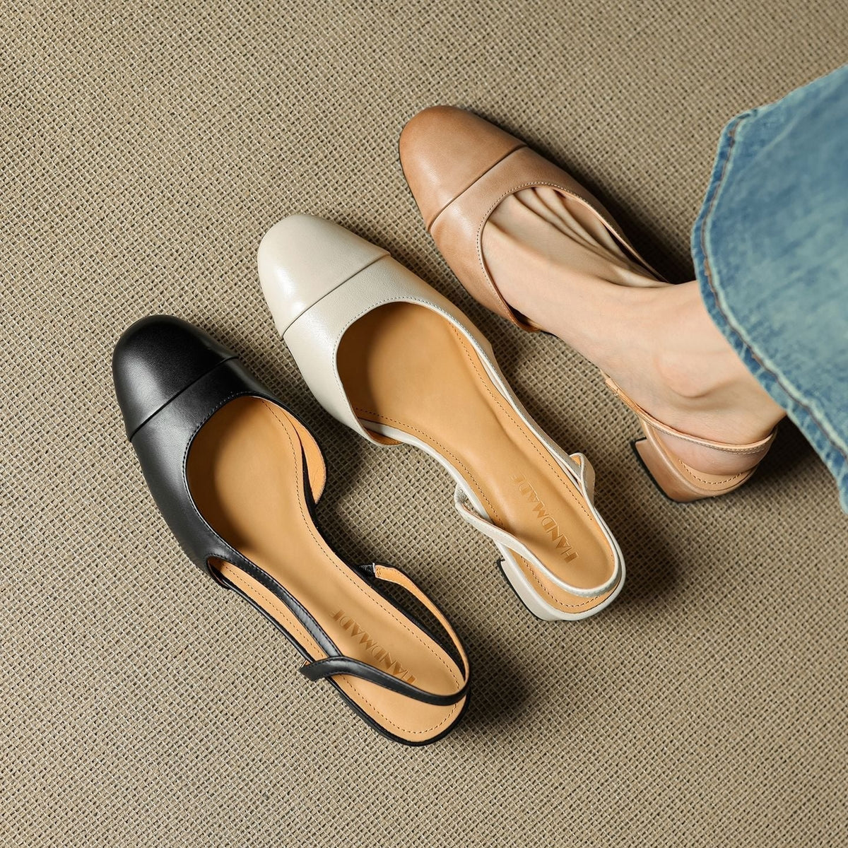 Helena | Sapatos Slingback de Couro Mulher Salto Bloco
