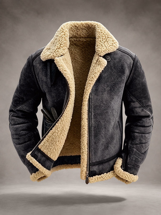 Hugo | Men's Shearling Jacket Suede-Look with Faux Fur Collar