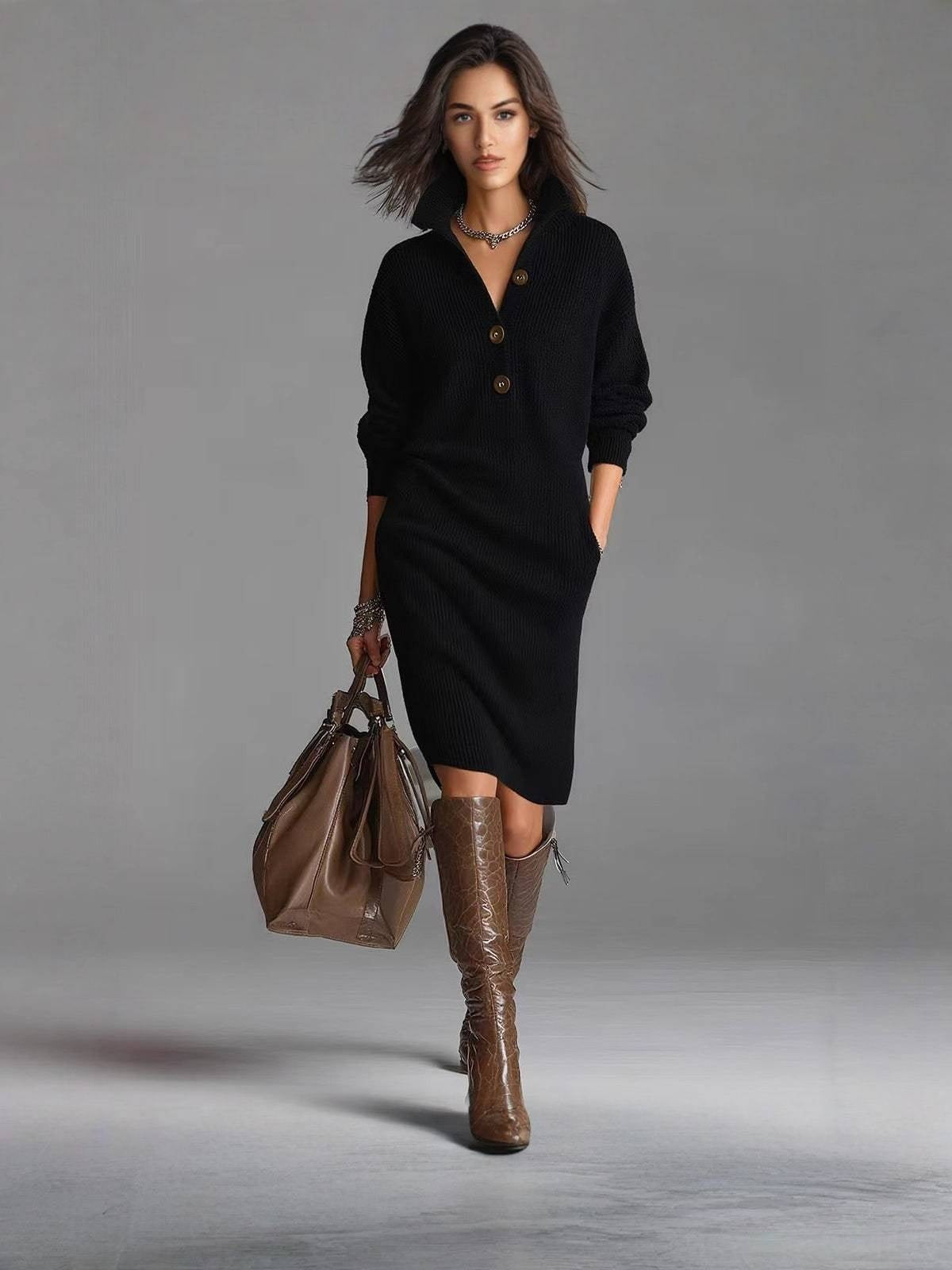 Imogen | Women's Winter Sweater Dress Long Sleeve Knit with Buttons