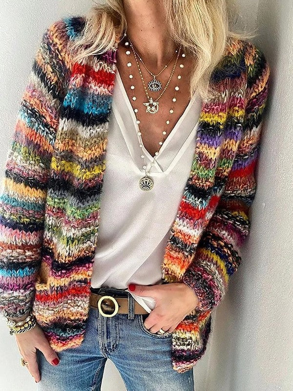 Inês | Cardigan de Malha Mulher Riscas Frente Aberta Manga Longa