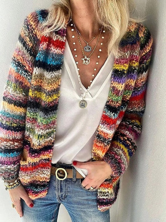 Inês | Cardigan de Malha Mulher Riscas Frente Aberta Manga Longa
