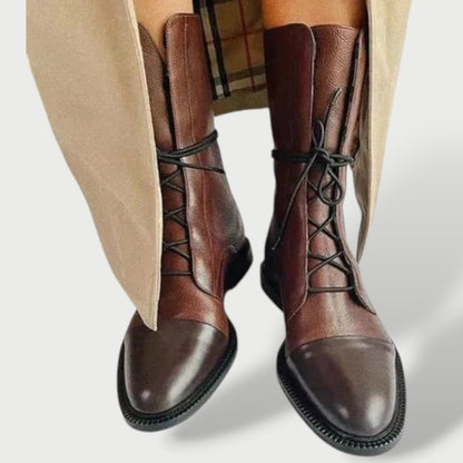 Irina | Botas Militares de Couro Mulher com Cordões Cano Médio