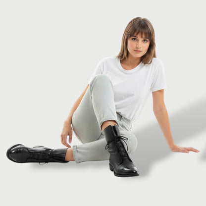 Irina | Botas Militares de Couro Mulher com Cordões Cano Médio