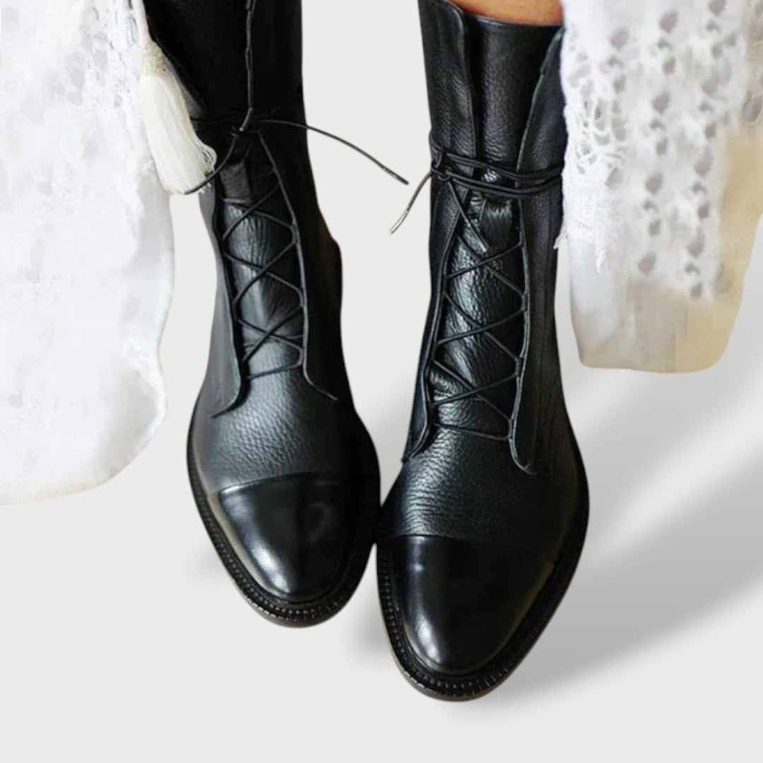 Irina | Botas Militares de Couro Mulher com Cordões Cano Médio