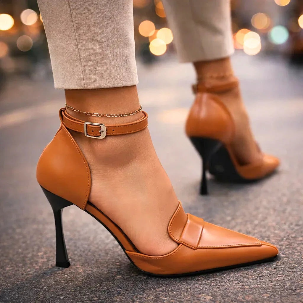 Irina | Stilettos de Couro Vegan Mulher Bico Apontado Tira Tornozelo