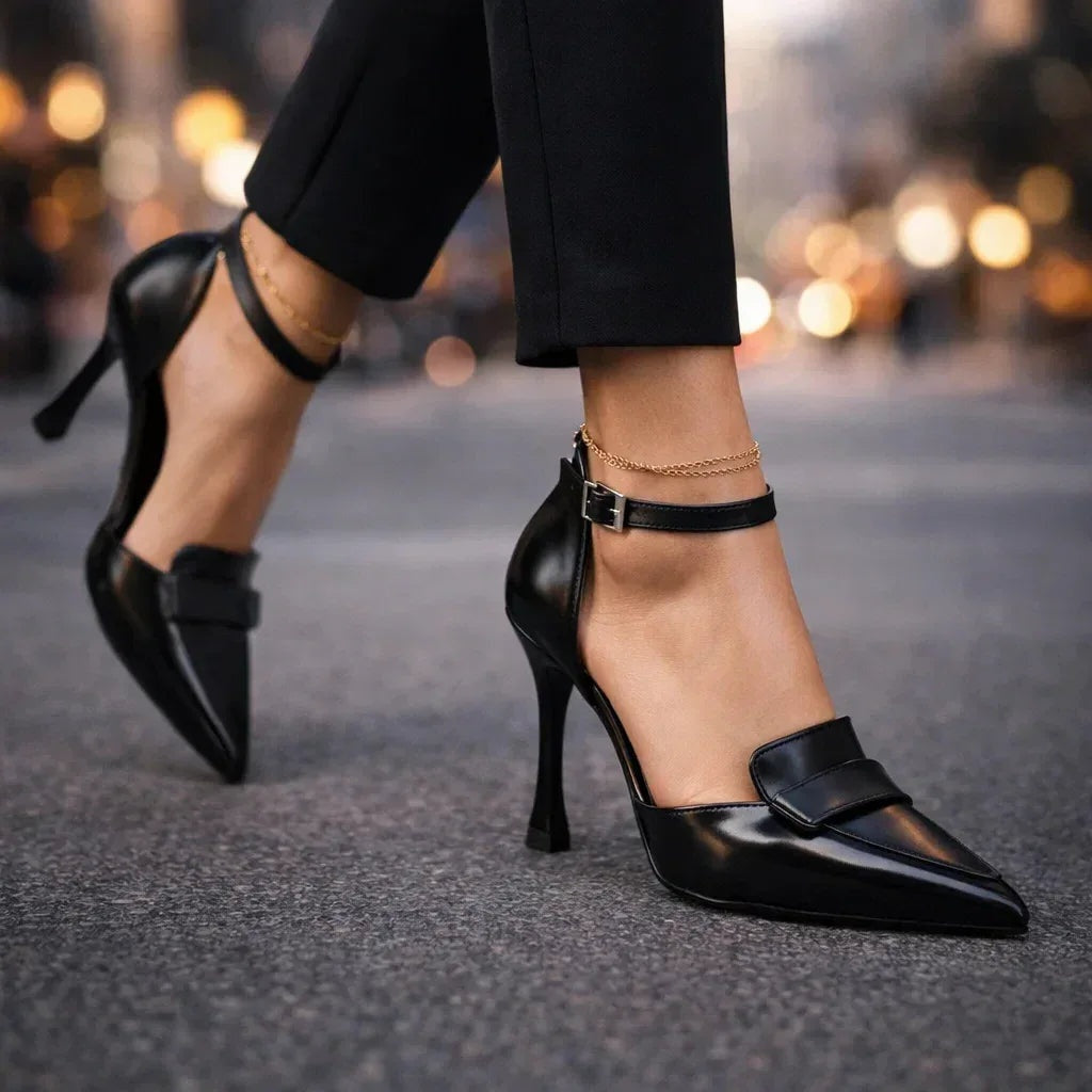 Irina | Stilettos de Couro Vegan Mulher Bico Apontado Tira Tornozelo