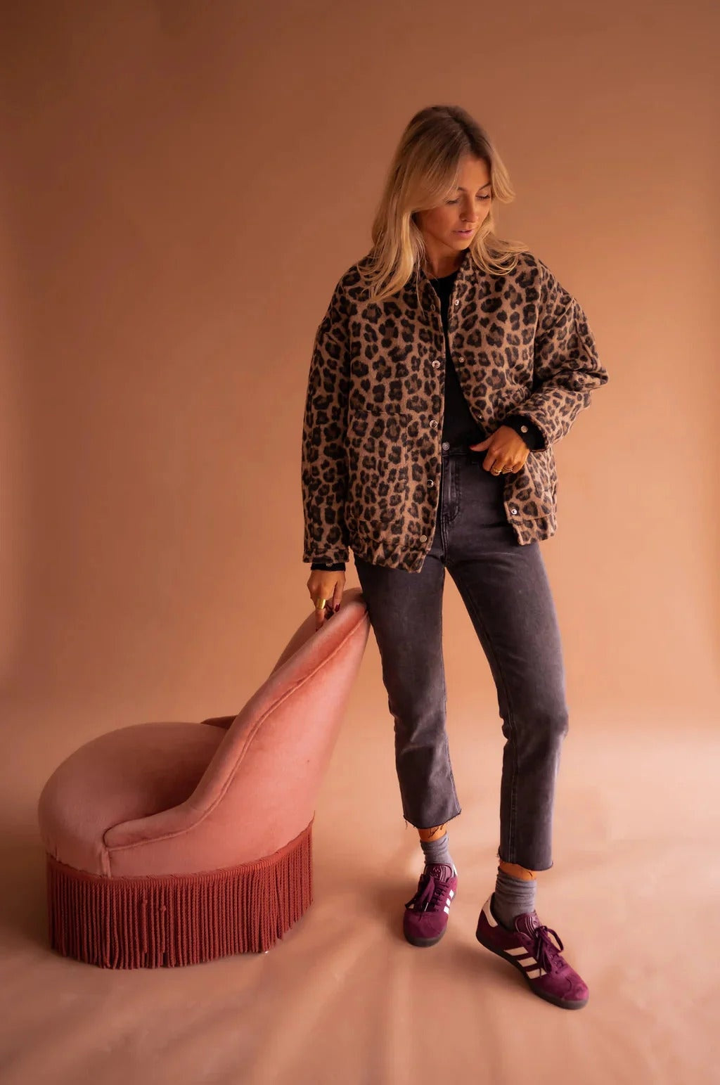 Isabel | Casaco Bomber Estampado Leopardo Mulher Botões de Pressão