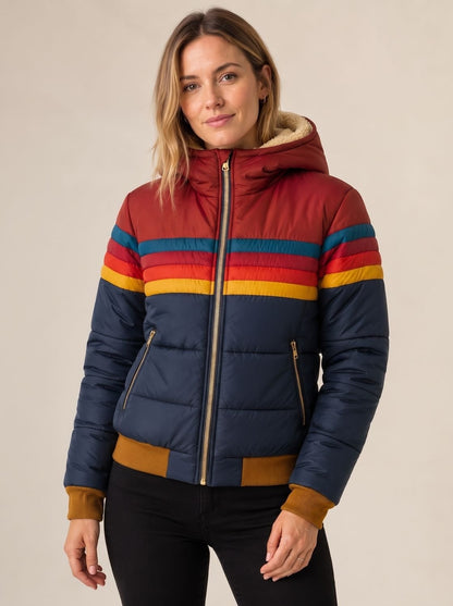 Juniper | Women's Hooded Puffer Jacket Retro Stripe Sherpa Lined