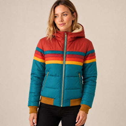 Juniper | Women's Hooded Puffer Jacket Retro Stripe Sherpa Lined