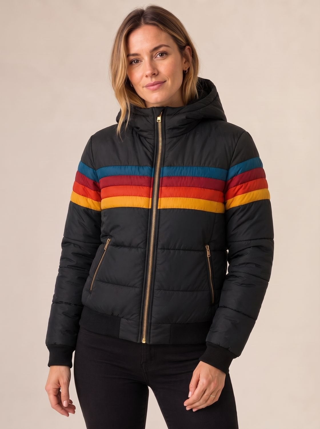 Juniper | Women's Hooded Puffer Jacket Retro Stripe Sherpa Lined