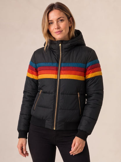 Juniper | Women's Hooded Puffer Jacket Retro Stripe Sherpa Lined