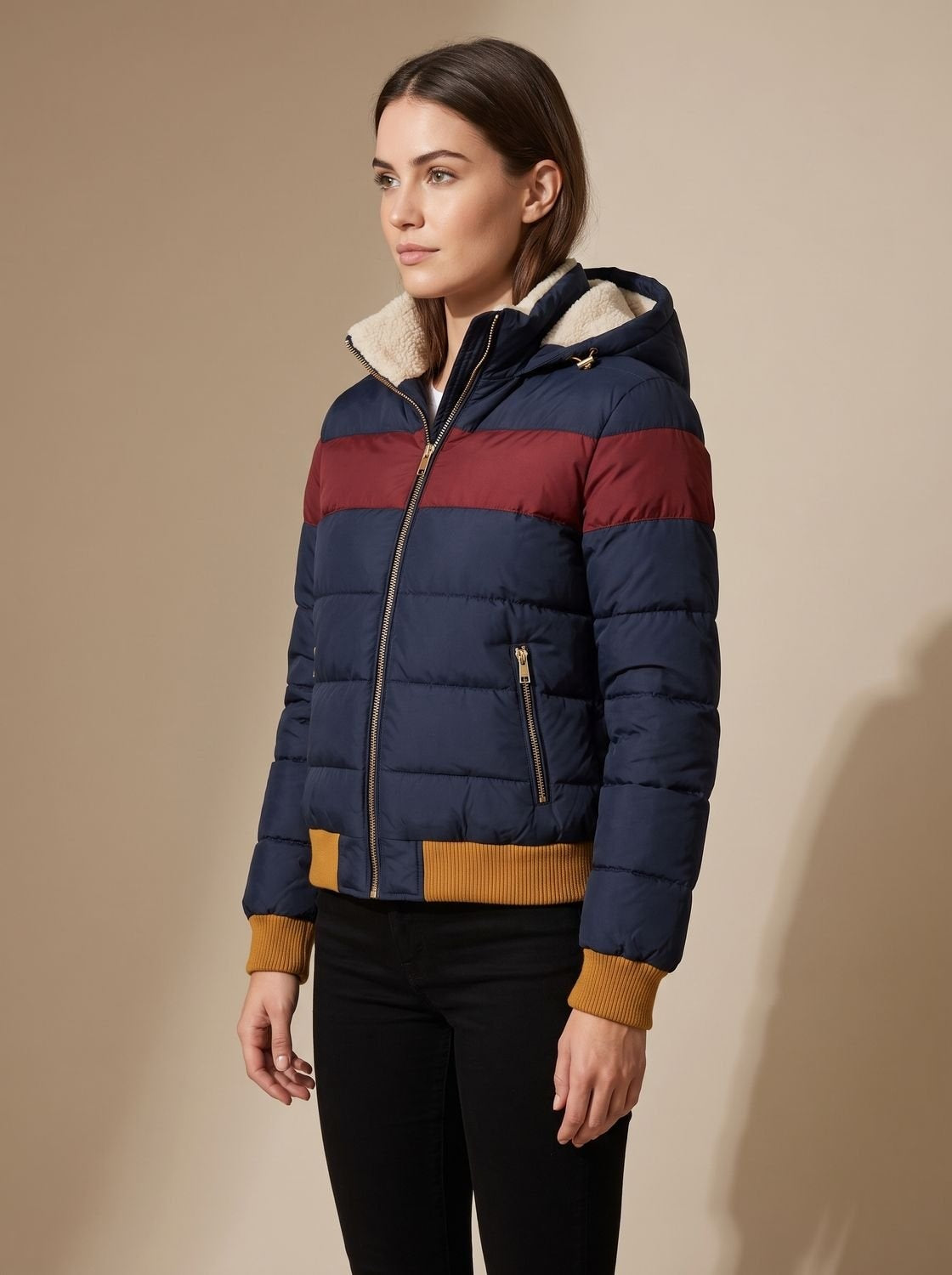 Juniper | Women's Hooded Puffer Jacket Retro Stripe Sherpa Lined