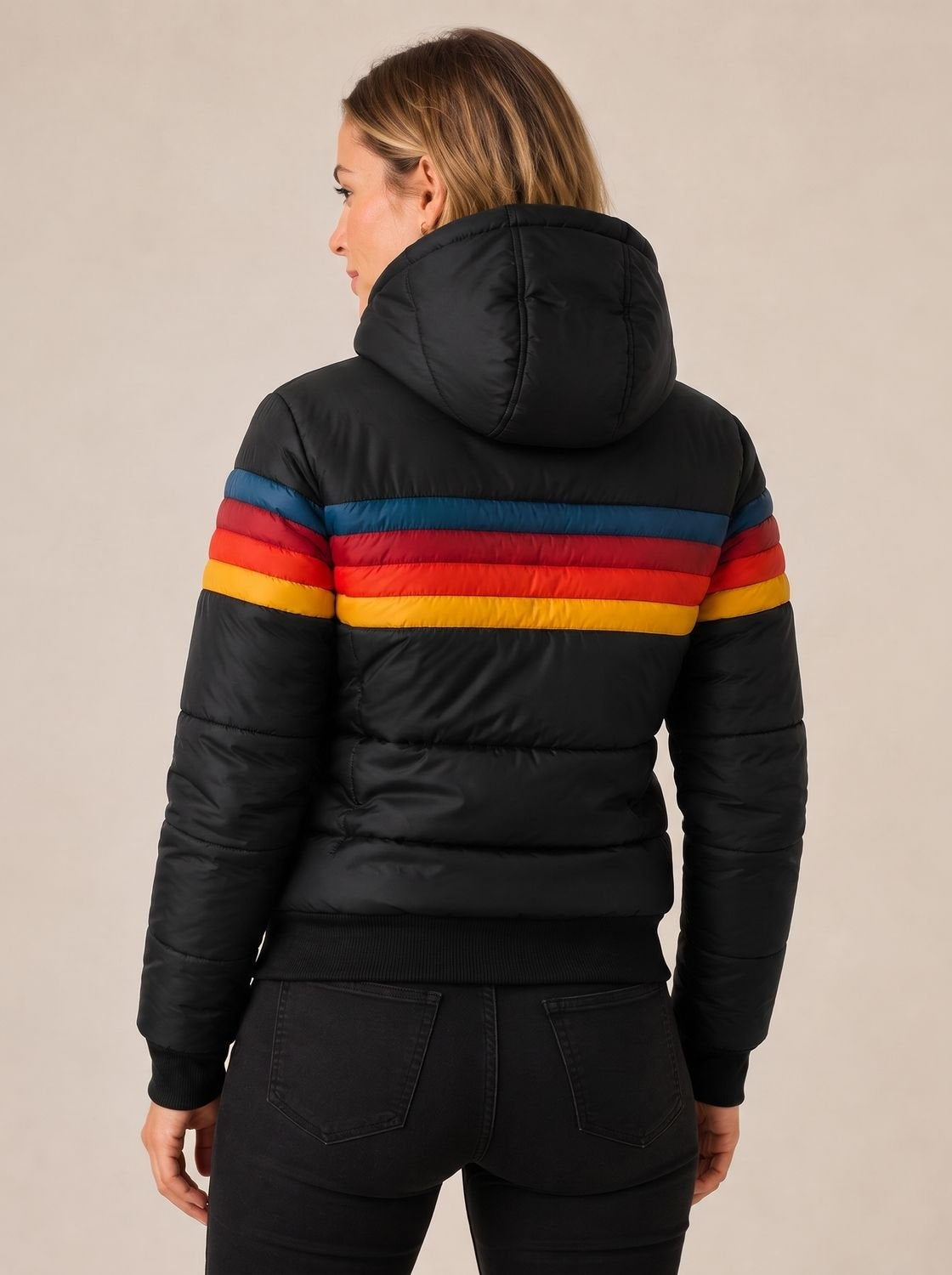 Juniper | Women's Hooded Puffer Jacket Retro Stripe Sherpa Lined