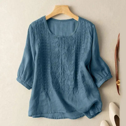 Lara | Blusa de Algodão Bordada Mulher Manga 3/4 Decote Redondo