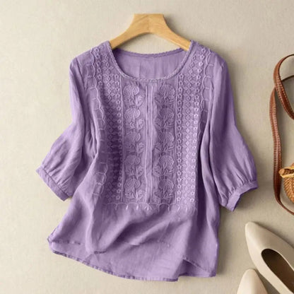 Lara | Blusa de Algodão Bordada Mulher Manga 3/4 Decote Redondo