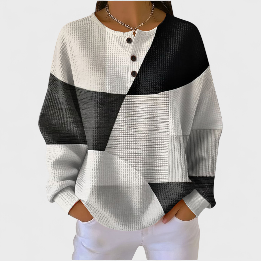 Lara | Camisola de Malha Waffle Mulher Blocos Geométricos Manga Comprida
