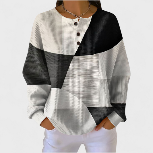 Lara | Camisola de Malha Waffle Mulher Blocos Geométricos Manga Comprida